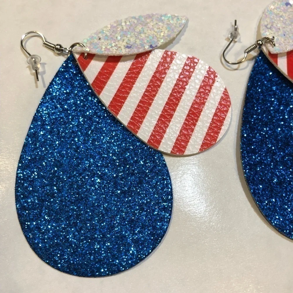 New! Lightweight Faux Leather Drop 3 Layer Patriotic Red Dangle Earrings